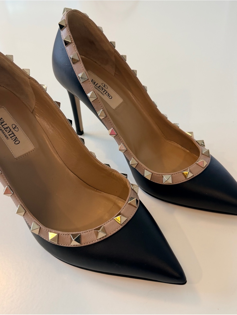 Valentino Black Leather Pointed-Toe Pumps with Nude Trim & Pyramid Studs